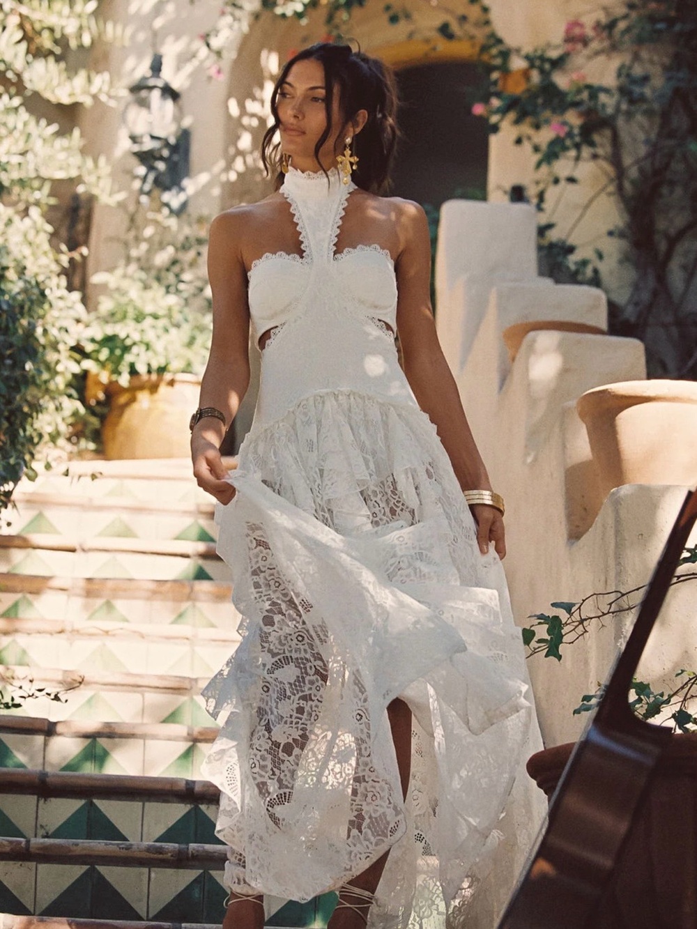 12th Tribe White Lace Halter Maxi Dress
